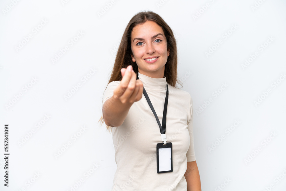 Young pretty woman with ID card isolated on white background making money gesture Young pretty woman with ID card isolated on white background making money gesture