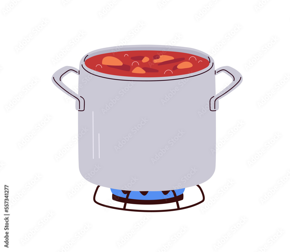 Saucepan on gas stove. Open sauce pan with boiling soup. Metal steel