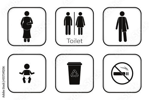 Restroom signs. WC signs. Toilet signs. Pregnant, Men and Women, Another gender, Baby, rubbish bin and No smoking.