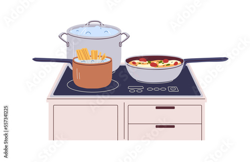 Cooking pans, pots on electric cooker. Stockpot with boiling water, skillet with stewing vegetables, saucepan with pasta spaghetti on cook stove. Flat vector illustration isolated on white background
