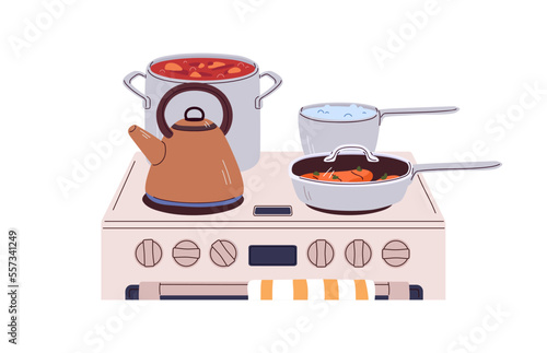 Saucepan, frying pan, skillet, tea kettle on electric stove, cooker. Cooking process with meat steak, soup, water in stockpot, teakettle. Flat vector illustration isolated on white background