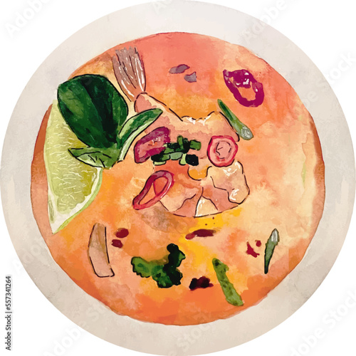 Watercolor illustration of tom yum plate and its ingridents lemongrass, chili, kafir lime, ginger