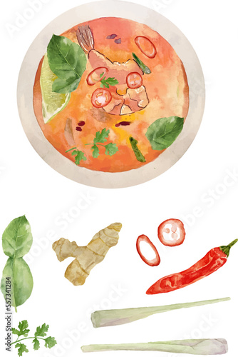 Watercolor illustration of tom yum plate and its ingridents lemongrass, chili, kafir lime, ginger