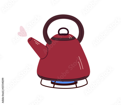 Tea kettle, pot on gas stove. Teakettle with boiling water on cooker, burner. Kitchen appliance, teapot with hot steam. Flat vector illustration isolated on white background