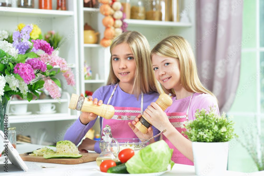 Two girls in pink aprons preparing salad with tablet Two girls in pink aprons preparing salad with tablet