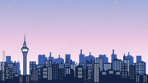 City silhouette panorama with many tall buildings and shopping centers around the macau tower