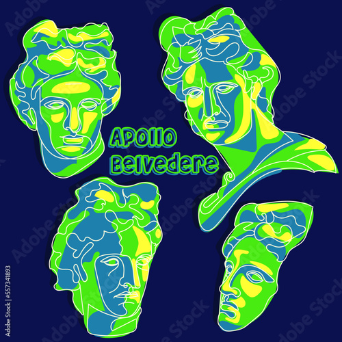 A rave set of psychedelic acid in style. The head of the Apollo Belvedere in different angles. Bright acidic color palette. Abstract spots. Sculpture, figure, form of historical mythological people