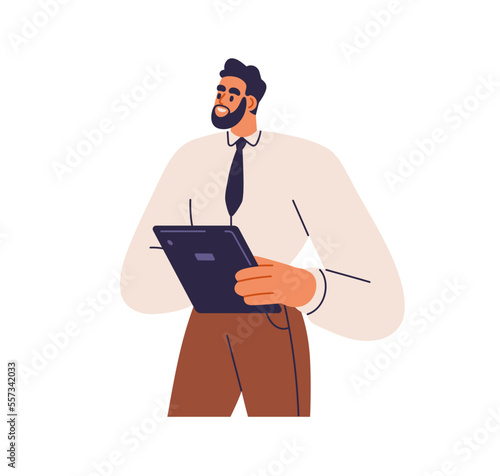 Business man with tablet PC, computer. Young businessman, entrepreneur with gadget in hands. Office worker, manager, advisor with clipboard. Flat vector illustration isolated on white background