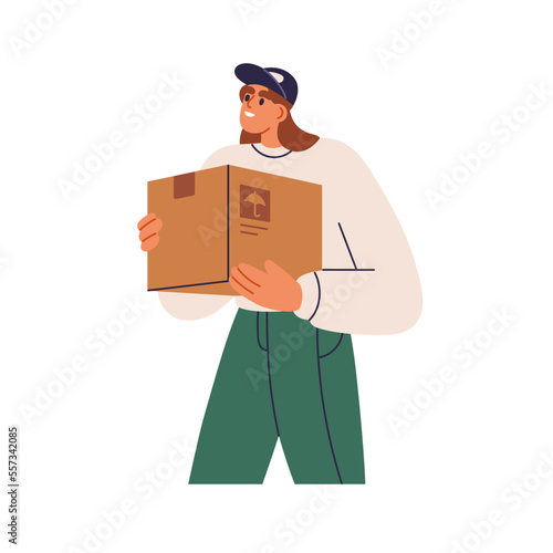 Courier holding box. Delivery service of parcel, order concept. Deliverer in cap delivering, carrying cardboard package, carton pack in hands. Flat vector illustration isolated on white background