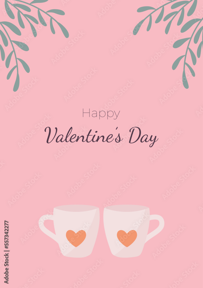 romantic card for Valentines Day with couple cups and plants