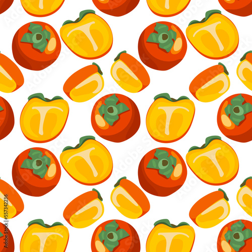 Vector seamless pattern with cartoon persimmon isolated on white. Juice fruit. Illustration used for magazine, book, poster, card, menu cover, web pages. Brand packaging.