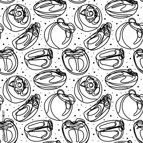 A pattern of linear drawings of persimmons on a white background. Black lines on a white background with dots. The persimmon is whole and cut in different parts. Packaging, icon for fruit brand