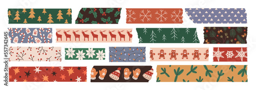 Christmas tapes set. Scotch stripes with winter holiday patterns. Xmas masking duct strips, adhesive ribbons with snowflakes, gingerbread print. Flat vector illustrations isolated on white background