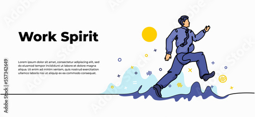 Work spirit web banner. Vector illustration of young man goes to work happily on a sunny morning. Modern flat in continuous line style.