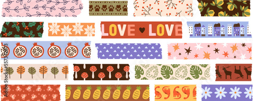 Decorative tapes set. Duct strips, scotch stripes with patterns. Masking adhesive ribbons with leaf, berry, fruit prints for decoration, design. Flat vector illustrations isolated on white background