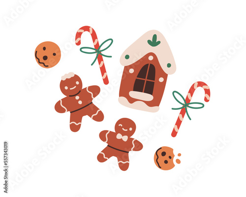 Christmas gingerbread, cookies set. Xmas ginger bread, bakery, candy canes. Winter holiday sweet with sugar icing. Festive traditional biscuits. Flat vector illustrations isolated on white background
