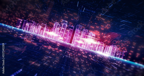 Fototapeta Naklejka Na Ścianę i Meble -  Aerial city flight animation. 3D futuristic skyscrapers with digital numbers. Business and technology related 3D Illustration Render.