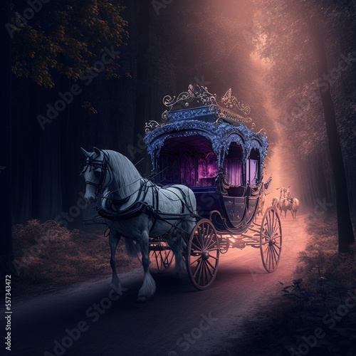 Photo illustration glittering fairytale carriage with horse made with generative ai