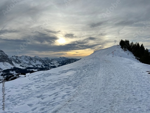 Winter snow idyll along the toboggan run (Kronberg Schlittelweg) on the Kronberg mountain in the Swiss Appenzell Alps massif, Urnäsch (Urnaesch or Urnasch) - Canton of Appenzell, Switzerland photo