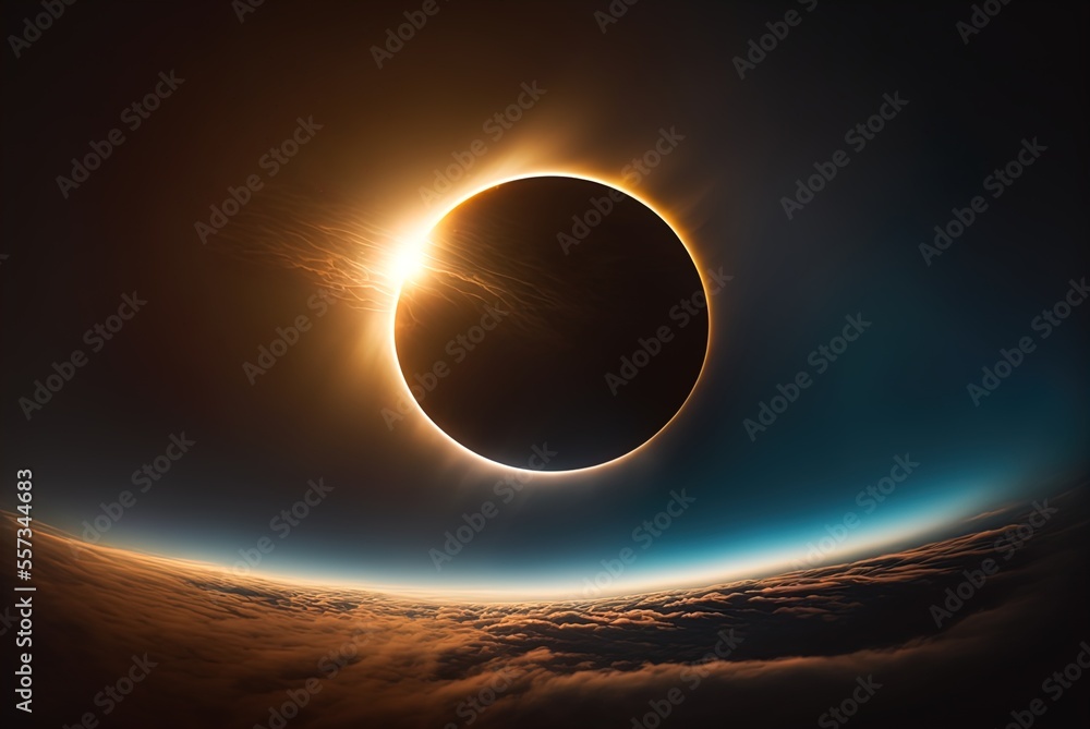 A solar eclipse is seen in the dark sky. Landscape. Art. Illustration. Generative AI. - obrazy, fototapety, plakaty 