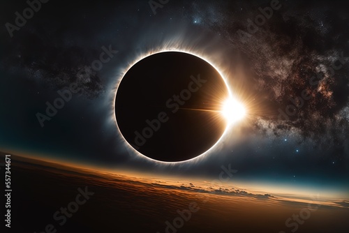 A solar eclipse is seen in the dark sky. Landscape. Art. Illustration. Generative AI.