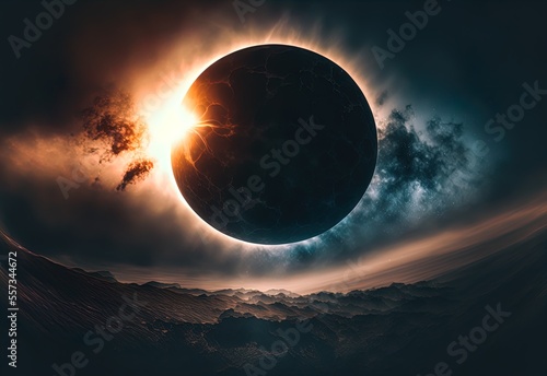 A solar eclipse is seen in the dark sky. Landscape. Art. Illustration. Generative AI.