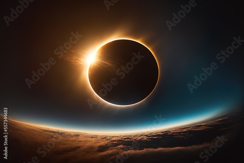 A solar eclipse is seen in the dark sky. Landscape. Art. Illustration. Generative AI. photo