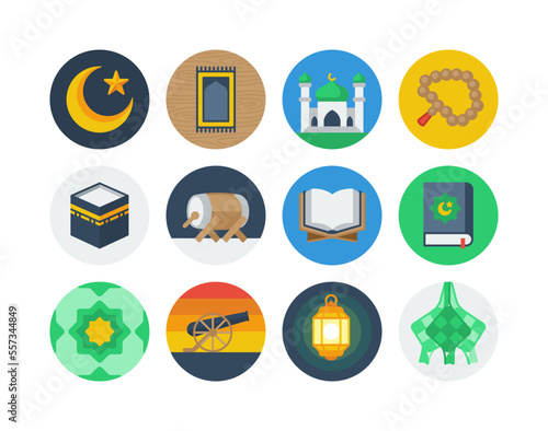 Ramadan flat circle badge icon set with Islam and Muslim related icons