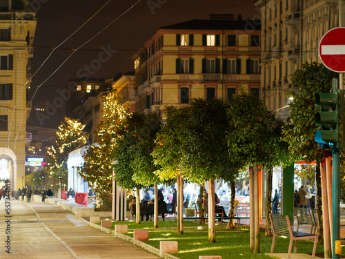  the main square in the city of La Spezia, with festive Christmas lights at night photo