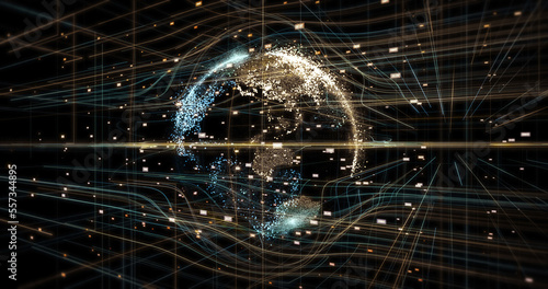 Global network expanding. Planet earth covered with fiber optics. Technology related 3D Illustration Render.