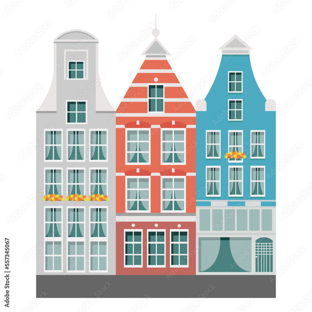 Vector image of a set of old multi-storey houses close-up on a white background. Graphic design.