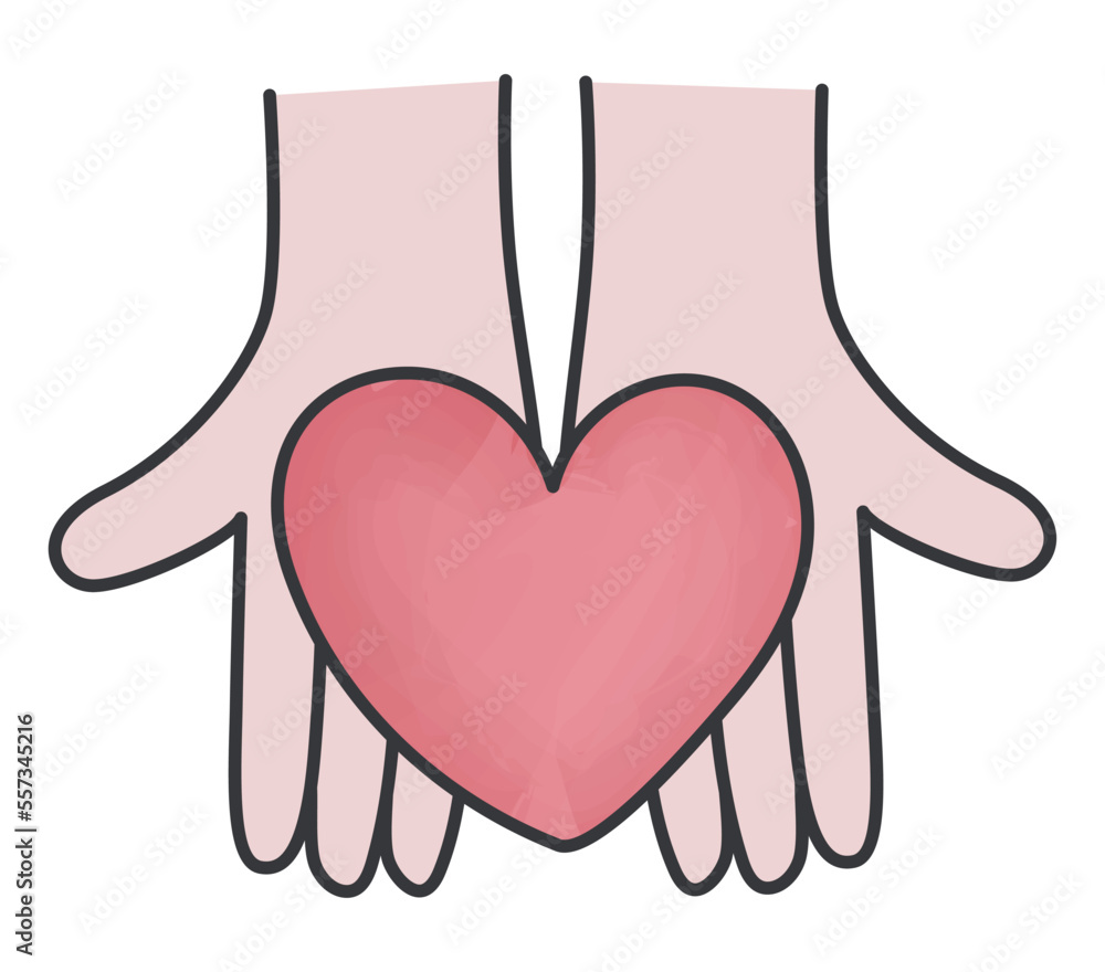 Cute illustration of hands with heart for Valentine's day. Can be used for card, invitation, stickers. Isolated vector and PNG illustration on transparent background.