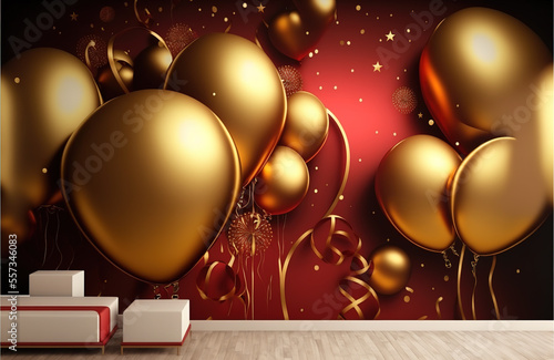 Birthday or anniversary party in motion with full of colorful balloons with rainbow colors , use it as a background or greeting or setup party room generative ai