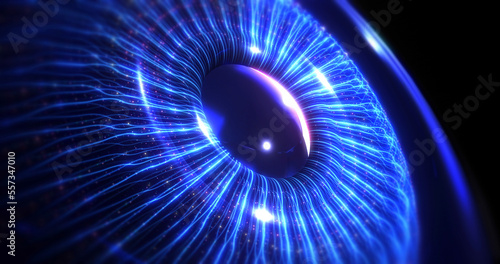 Optical fibers forming 3d blue human eye. Artificial intelligence concept. Futuristic technology concept 3d Illustration render.