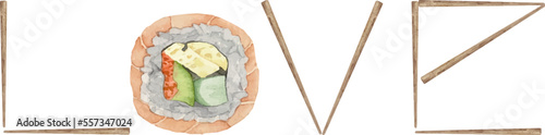 Sushi lover. Watercolor uramaki sushi with salmon and tamago in black chopsticks in hand