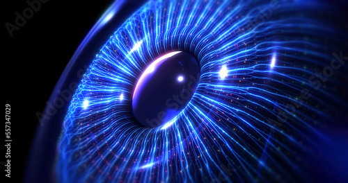 Digital artificial intelligence blue human eye formed by fiber optics. Futuristic technology concept 3d Illustration render.