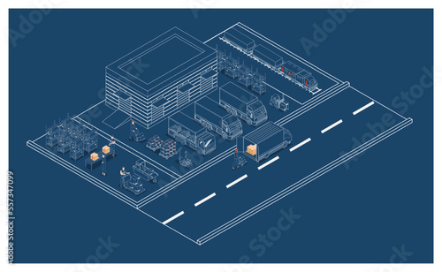 3D isometric Warehouse Logistic concept with Workers loading products on the trucks, Transportation operation service, Export, Import, forklift, pallets, cardboard boxes. Vector illustration EPS 10