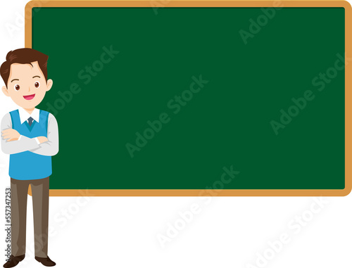 Teacher in classroom.School teacher,educational worker standing beside chalkboard