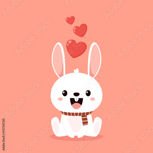 Valentine's day card with Kawaii bunny. Rabbit cartoon vector collection. Animal wildlife character. Small lovely rabbit holds love heart. Valentine's day illustration. © Supakorn
