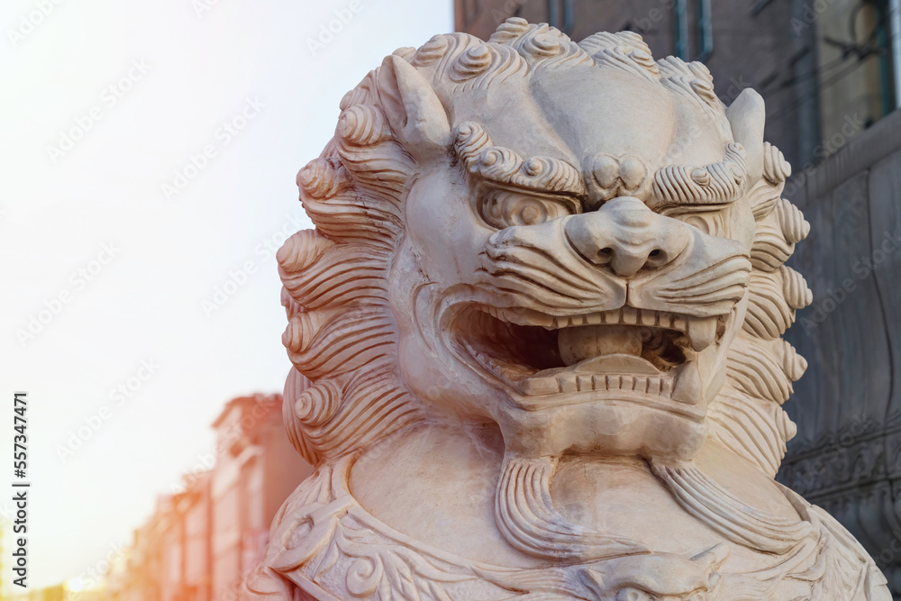 A large sculpture of a Chinese dragon on the street among the houses. Sunrise