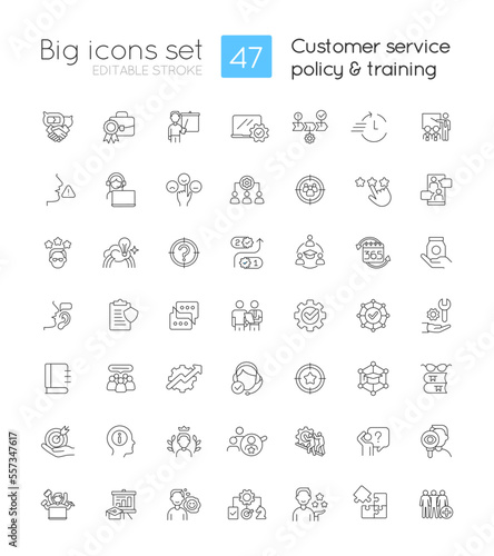 Customer service policy and training linear icons set. Business strategy. Customizable thin line symbols. Isolated vector outline illustrations. Editable stroke. Quicksand-Light font used