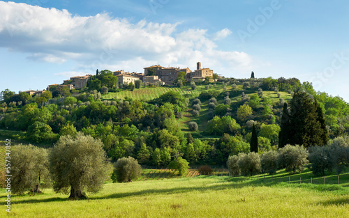 View on Sant'Antimo abbey in Castelnuovo dell'Abate. Tuscany, Italy