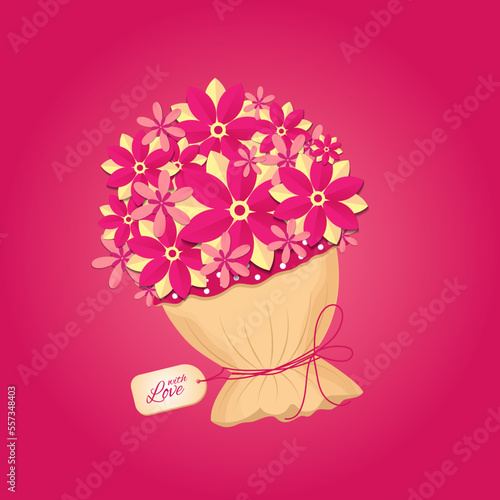 Bouquet flowers in parer cut style on pink background.