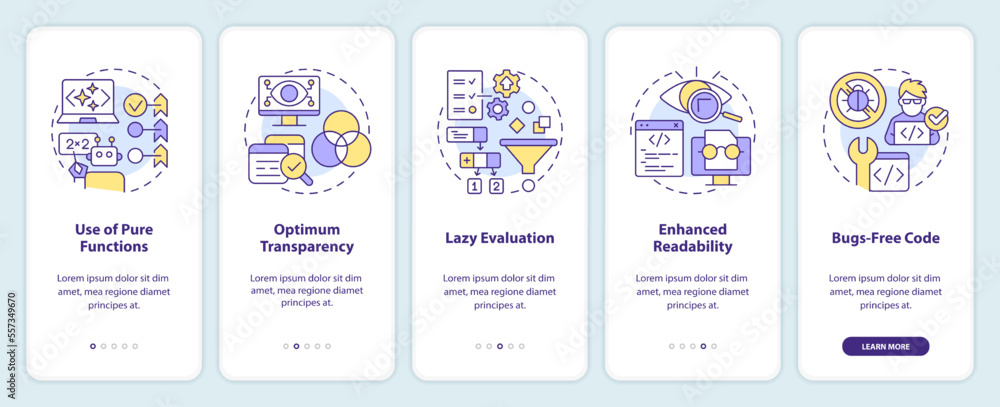 Functional programming benefits onboarding mobile app screen. Walkthrough 5 steps editable graphic instructions with linear concepts. UI, UX, GUI template. Myriad Pro-Bold, Regular fonts used