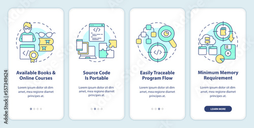 Procedural programming advantages onboarding mobile app screen. Walkthrough 4 steps editable graphic instructions with linear concepts. UI, UX, GUI template. Myriad Pro-Bold, Regular fonts used