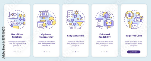 Functional programming benefits onboarding mobile app screen. Walkthrough 5 steps editable graphic instructions with linear concepts. UI, UX, GUI template. Myriad Pro-Bold, Regular fonts used