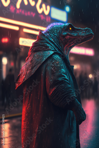 Fotografia dinosaur, reptilian wearing a raincoat, street, rain, neon, cyberpunk, art illus