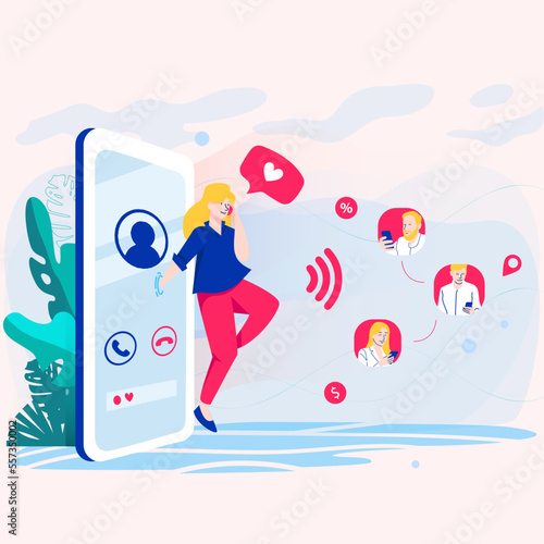 Vector ringing smartphone concept. woman calling with smartphone vector illustration