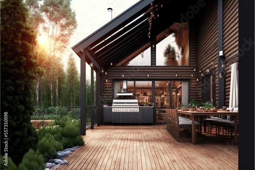Fototapet Garden terrace outdoor where it is best to spend time , with grill, BBQ place po