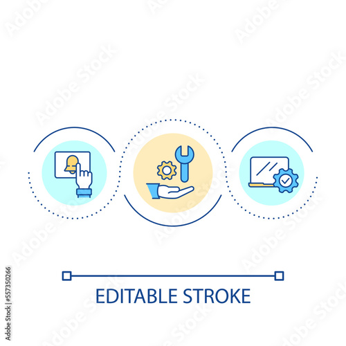Technology and software setup loop concept icon. Prepare virtual workplace. Computer repair service abstract idea thin line illustration. Isolated outline drawing. Editable stroke. Arial font used